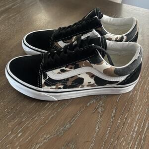 Vans Old Skool Shoes Black Brown Cow Print Skate Low Top Suede Womens 7 Mens 5.5